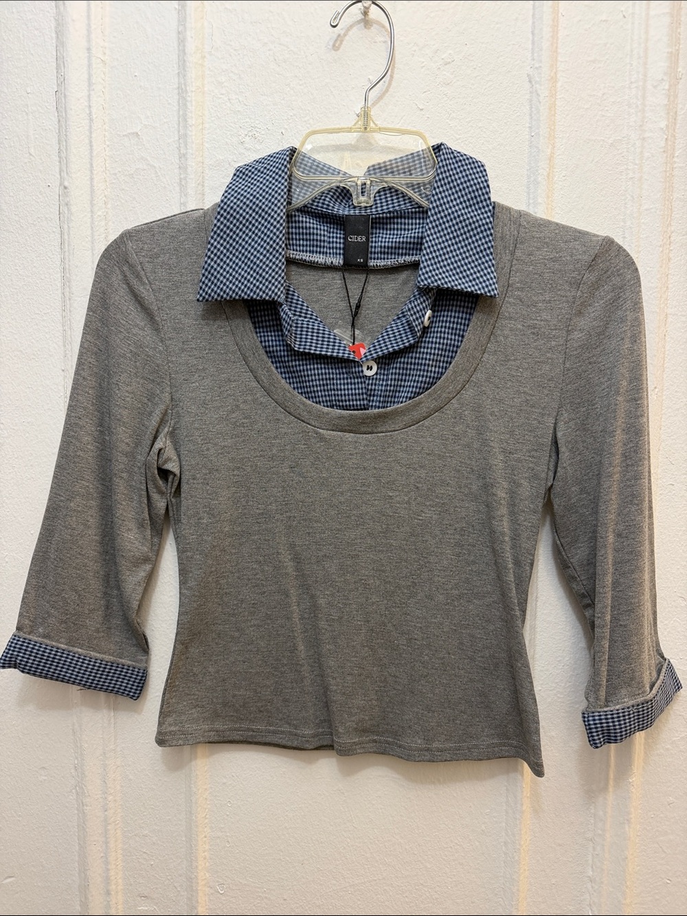 Cider Grey Knit Layered-Look Top with Blue Gingham Collar